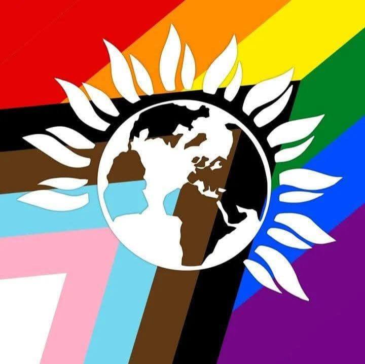 The Green Party logo on the Progress Pride colours.
